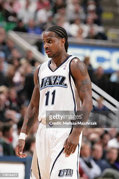 Dee Brown of the Utah Jazz looks on during a game against the Seattle SuperSonics at the Energy Solutions Arena on December 02, 2006 in Salt Lake...
