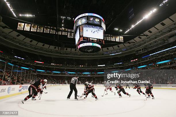 General view of action during the NHL game between the Chicago Blackhawks and the Phoenix Coyotes on December 7, 2006 at the United Center in...