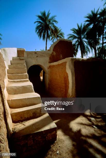 An earth staircase leads to a public terrace April, 2000 in Ghadames, Libya.