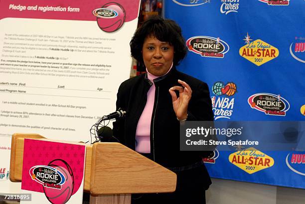 Yvonne Atkinson-Gates, Clark County Commissioner speaks at the Tip Off of the T-Mobile Rookie Challenge and Youth Jam Initiative for the 2007 NBA...