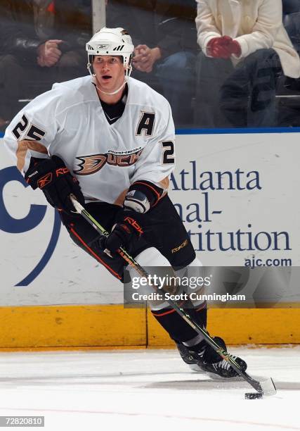 Chris Pronger of the Anaheim Ducks carries the puck against the Atlanta Thrashers at Philips Arena on December 13, 2006 in Atlanta, Georgia.