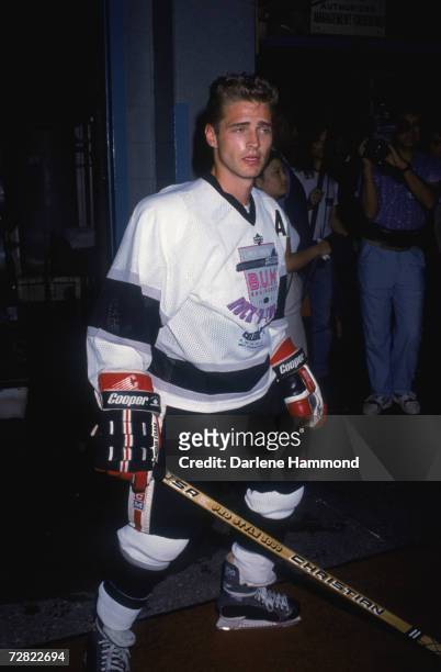 Canadian actor Jason Priestley in ice-hockey gear, circa 1993.