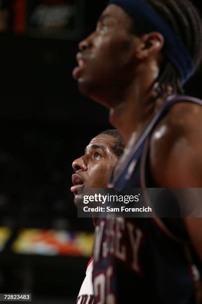 LaMarcus Aldridge of the Portland Trail Blazers stands on the court during the NBA game against the New Jersey Nets on November 22, 2006 at the Rose...