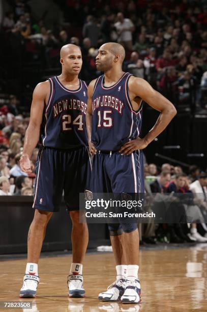 Richard Jefferson and Vince Carter of the New Jersey Nets discuss play during the NBA game against the Portland Trail Blazers on November 22, 2006 at...