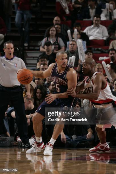 Jason Kidd of the New Jersey Nets posts up against Jarrett Jack of the Portland Trail Blazers on November 22, 2006 at the Rose Garden Arena in...