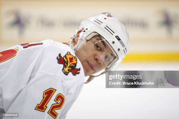 Jarome Iginla of the Calgary Flames awaits a faceoff against the Minnesota Wild during the game at Xcel Energy Center on December 7, 2006 in Saint...