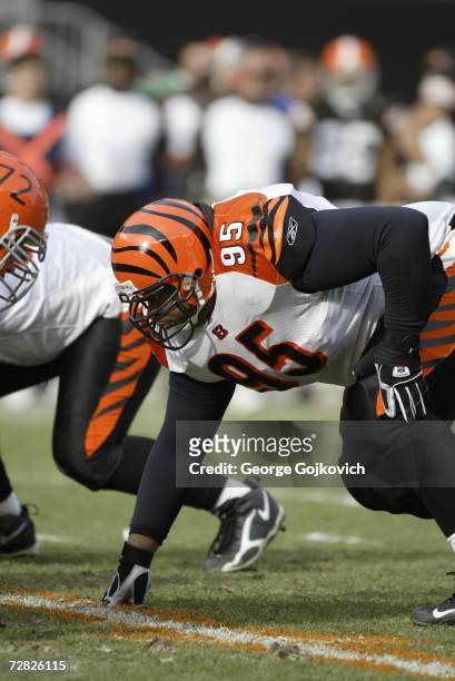 Defensive lineman Sam Adams of the Cincinnati Bengals lines up against the Cleveland Browns at Cleveland Browns Stadium on November 26, 2006 in...