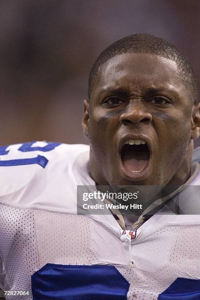 Running back Julius Jones of the Dallas Cowboys yells with excitement after running for a touchdown against the New Orleans Saints at Texas Stadium...