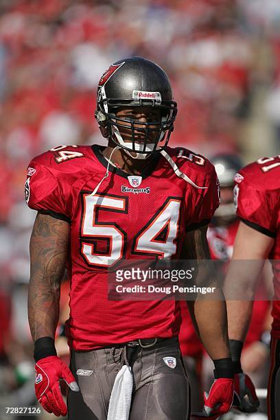 Linebacker Wesly Mallard of the Tampa Bay Buccaneers looks on against the Atlanta Falcons on December 10, 2006 at Raymond James Stadium in Tampa,...