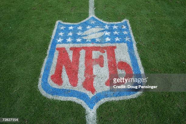 The NFL Shield logo is shown on the field before the Tampa Bay Buccaneers game against the Atlanta Falcons on December 10, 2006 at Raymond James...