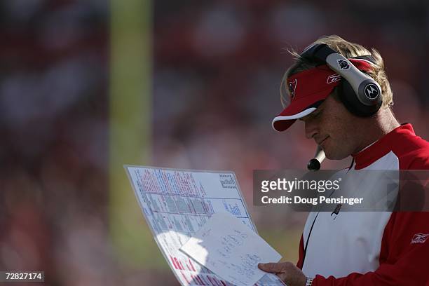 Head coach Jon Gruden of the Tampa Bay Buccaneers looks at the play card against the Atlanta Falcons on December 10, 2006 at Raymond James Stadium in...
