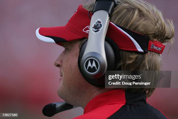 Head coach Jon Gruden of the Tampa Bay Buccaneers looks on against the Atlanta Falcons on December 10, 2006 at Raymond James Stadium in Tampa,...