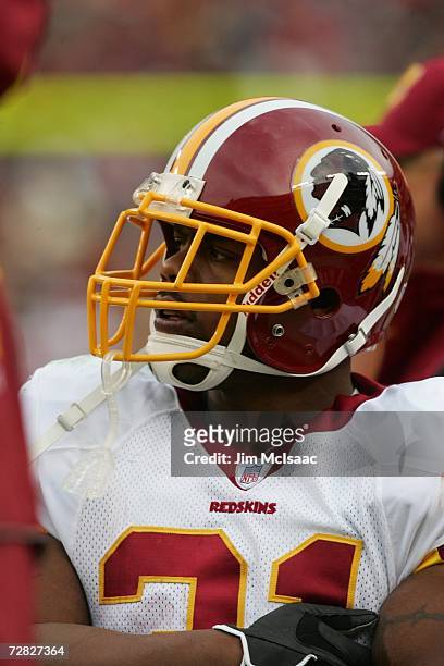 Running back Rock Cartwright of the Washington Redskins looks on against the Atlanta Falcons on December 3, 2006 at FedExField in Landover, Maryland....
