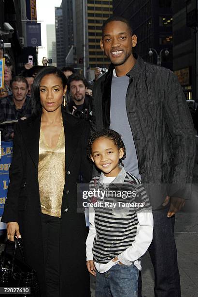 Actors Jada Pinkett Smith, Jaden Smith, and Will Smith arrive at the Ed Sullivan Theater for a taping of the ''Late Show with David Letterman'' on...