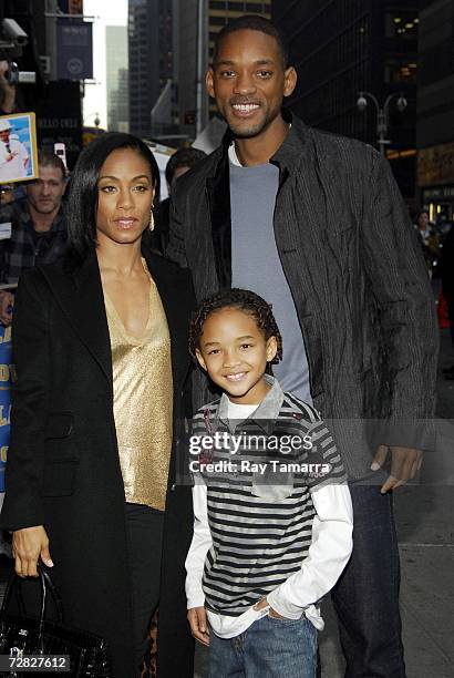 Actors Jada Pinkett Smith, Jaden Smith, and Will Smith arrive at the Ed Sullivan Theater for a taping of the ''Late Show with David Letterman'' on...