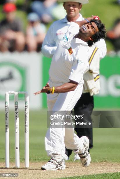 Lasith Malinga of Sri Lanka in action during day one of the second test match between New Zealand and Sri Lanka at the Basin Reserve December 15,...