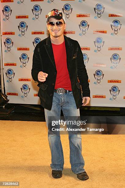 Obie Bermudez poses at the 4th Annual Premios Fox Sports Awards held at the Jackie Gleason Theater for the Performing Arts on December 14, 2006 in...