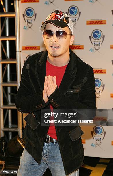 Obie Bermudez poses at the 4th Annual Premios Fox Sports Awards held at the Jackie Gleason Theater for the Performing Arts on December 14, 2006 in...