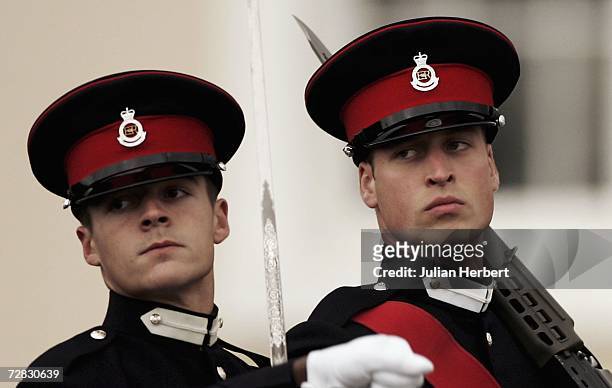 Prince William marches while taking part in The Sovereign's Parade at The Royal Military Academy Sandhurst on December 15, 2006 in Sandhurst,...