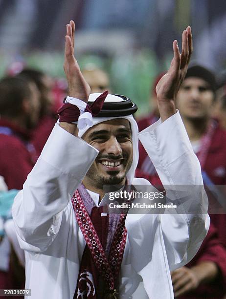 His Highness Sheikh Jassem Bin Hamad al Thani, Heir Apparent celebrates after Qatar won the gold medal match between Qatar and Iraq at the 15th Asian...