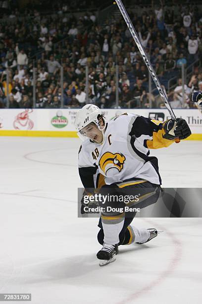 Daniel Briere of the Buffalo Sabres celebrates a goal against the Tampa Bay Lightning at St. Pete Times Forum on December 5, 2006 in Tampa, Florida....