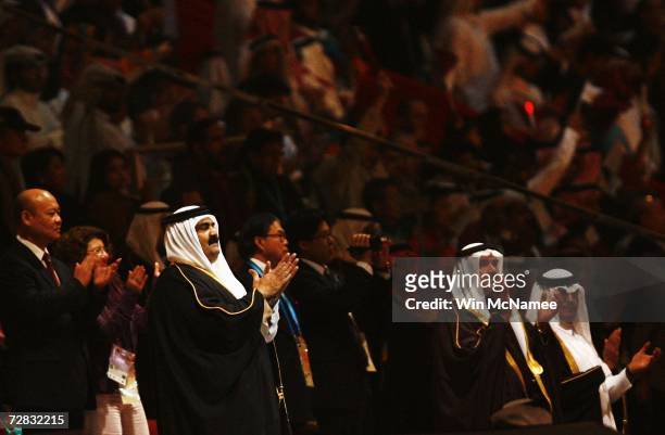 His Highness Sheikh Hamad Bin Khalifa Al-Thani , the Emir of the State of Qatar applauds during the Closing Ceremony of the 15th Asian Games Doha...