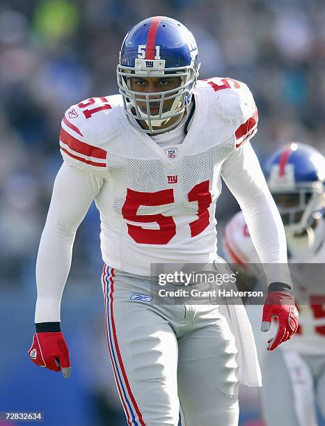 Carlos Emmons of the New York Giants gets ready on the field during the game against the Carolina Panthers on December 10 at Bank of America Stadium...