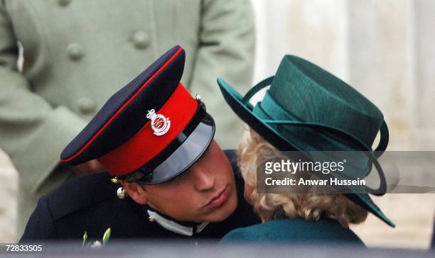 Prince William kisses Camilla, Duchess of Corwall goodbye after he has taken part in the Sovereign's Parade at the Royal Military Academy Sandhurst...