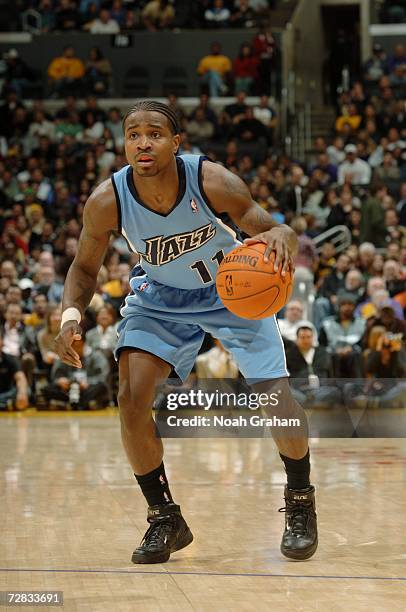 Dee Brown of the Utah Jazz looks to move at the parameter during the NBA game against the Los Angeles Lakers at Staples Center on November 30, 2006...