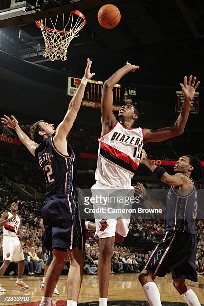 LaMarcus Aldridge of the Portland Trail Blazers battles for the ball between Nenad Krstic and Mikki Moore of the New Jersey Nets on November 22, 2006...