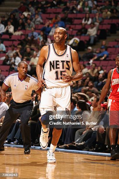 Vince Carter of the New Jersey Nets runs upcourt against the Charlotte Bobcats on November 28, 2006 at Continental Airlines Arena in East Rutherford,...