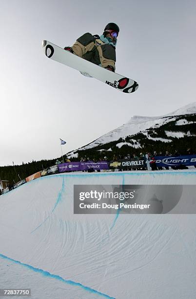 Mason Aguirre of the USA competes on his way to finishing second in the finals of the halfpipe competition at the U.S. Snowboard Grand Prix on...