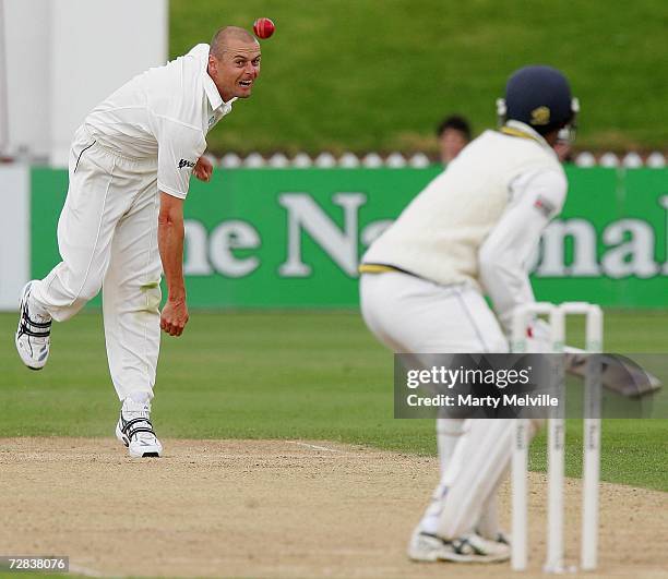 Chris Martin of New Zealand bowls to Chamara Silva of Sri Lanka during day three of the second test match between New Zealand and Sri Lanka at the...