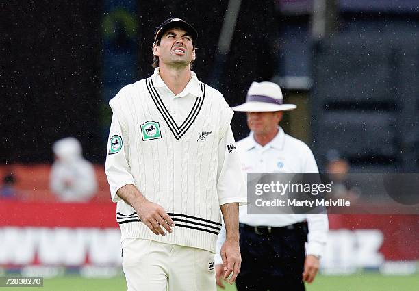 Stephen Fleming of New Zealand looks at the light rain falling during day three of the second test match between New Zealand and Sri Lanka at the...