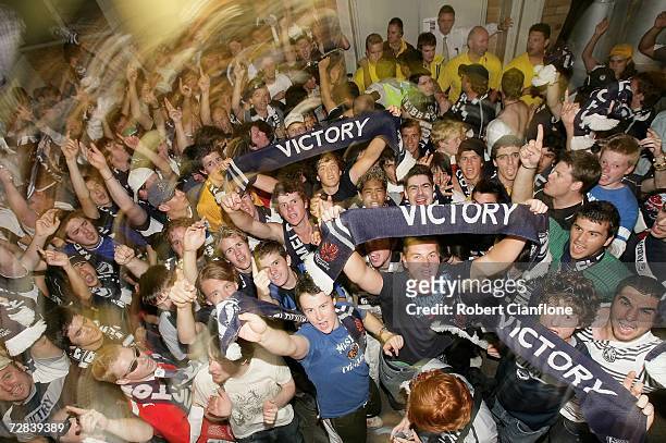 Victory fans celebrate outside the dressing rooms after the Victory defeated the Knights and secured the minor premiership after the round 17 Hyundai...