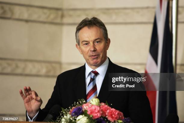 British Prime Minister Tony Blair attends a joint press conference with his counterpart, Iraqi Prime Minister Nouri Al-Maliki in the fortified Green...
