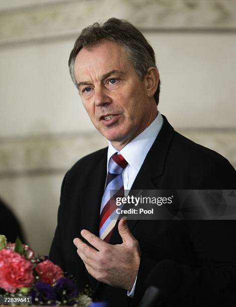 British Prime Minister Tony Blair attends a joint press conference with his counterpart, Iraqi Prime Minister Nouri Al-Maliki in the fortified Green...