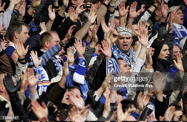 Fans of Duisburg during the Second Bundesliga match between Rot Weiss Essen and MSV Duisburg at the Georg Melches stadium on December 17, 2006 in...