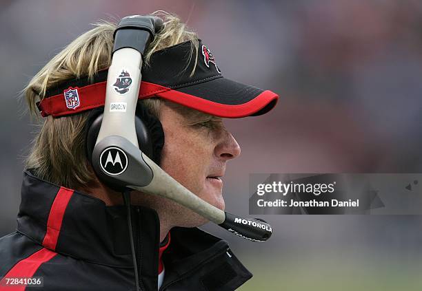 Head coach Jon Gruden of the Tampa Bay Buccaneers looks on against the Chicago Bears December 17, 2006 at Soldier Field in Chicago, Illinois.