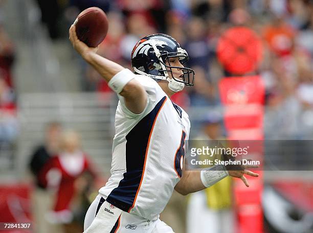Quarterback Jay Cutler of the Denver Broncos throws a pass against the Arizona Cardinals on December 17, 2006 at University of Phoenix Stadium in...