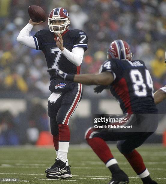 Losman of the Buffalo Bills throws a pass to Robert Royal against the Miami Dolphins on December 17, 2006 at Ralph Wilson Stadium in Orchard Park,...