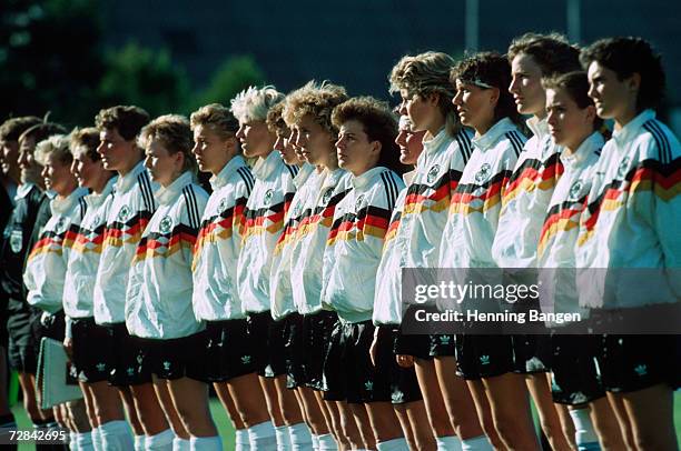 Team Germany line up ahead of the UEFA Women's Euro 1991 semi final between Germany and Italy on July 11, 1991 in Frederikshaven, Denmark.