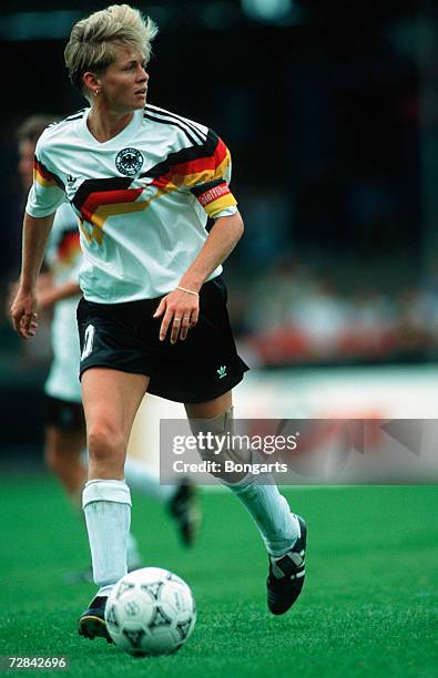 Silvia Neid of Germany in action Germany during the UEFA Women's Euro 1991 final between Norway and Germany on July 14, 1991 in Aalborg, Denmark.