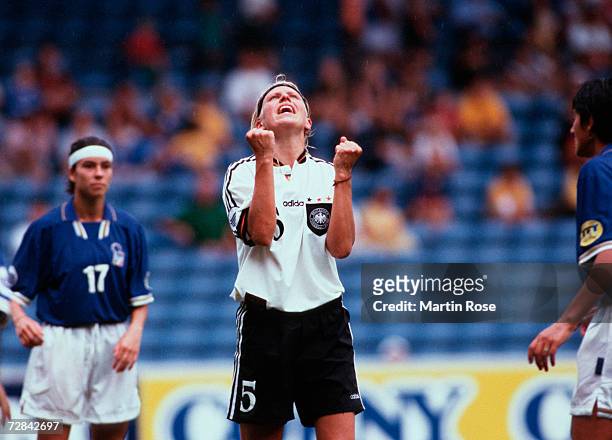 Doris Fitschen of Germany reacts during the UEFA Women's Euro 1997 final match between Italy and Germany on July 7, 1997 in Oslo, Norway.