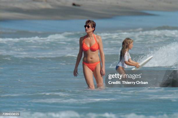 Princess Diana in the surf off the Island of Nevis, during a Caribbean holiday, 2nd January 1993.