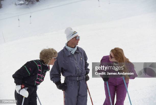 Princess Diana with Prince Charles and the Duchess of York during a skiing holiday in Klosters, Switzerland, 9th March 1988.
