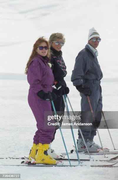 The Duchess of York, Princess Diana and Prince Charles during a skiing holiday in Klosters, Switzerland, 9th March 1988.