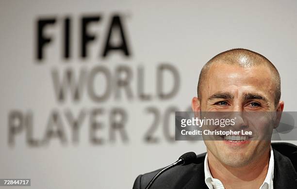 Fabio Cannavaro of Italy and Real Madrid speaks to the media during a press conference prior to the FIFA World Player of the Year Awards ceremony at...