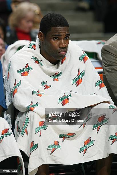 Antawn Jamison of the Washington Wizards sits on the bench during the game against the Chicago Bulls on December 2, 2006 at the United Center in...
