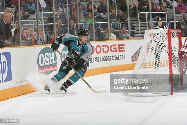Patrick Marleau of the San Jose Sharks skates with the puck during a game against the Phoenix Coyotes on December 11, 2006 at the HP Pavilion in San...